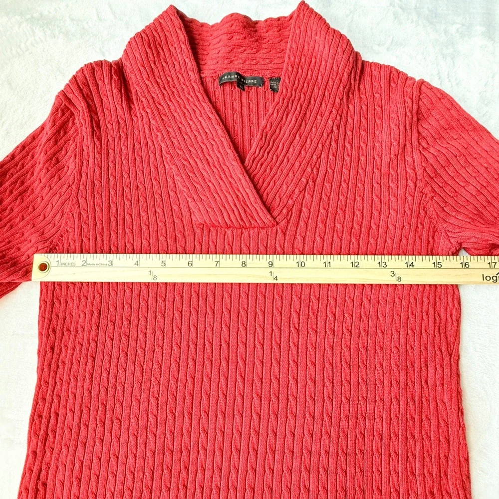 Jeanne Pierre Cable Knit Shawl Collar Sweater Medium Coral Red Coastal Preppy